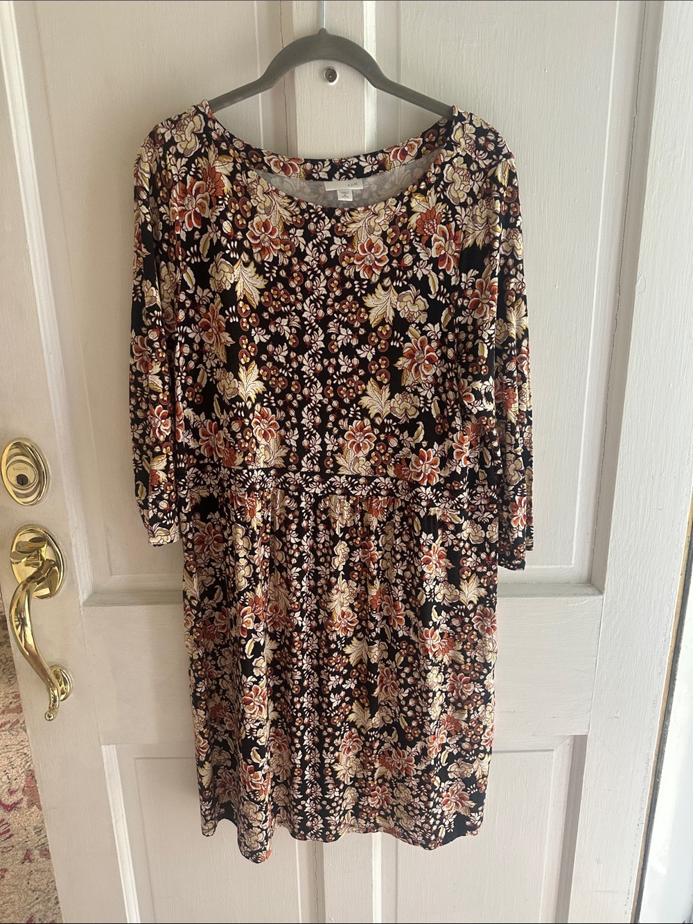 J. Jill Black Floral Long-Sleeve Midi Dress with Rust & Cream Blooms